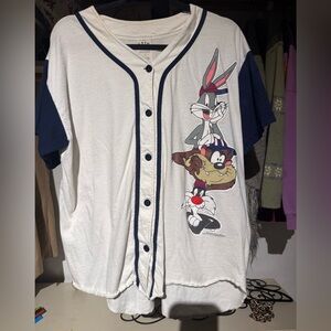 Looney Tunes Bugs Bunny & Taz Kids Baseball-Style Shirt - White & Navy